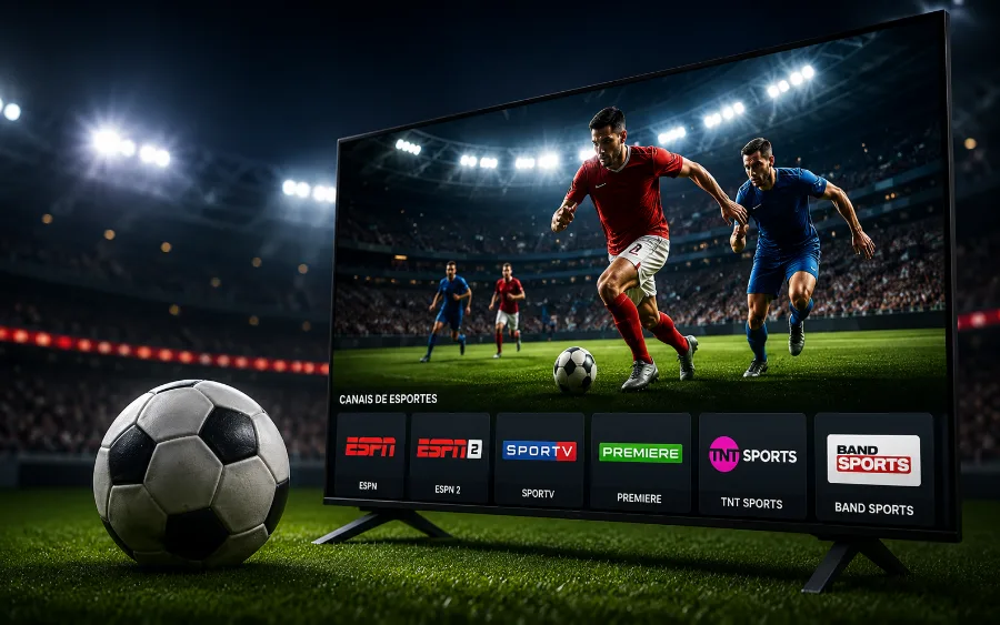 Canais de esportes na UniTV exibindo um jogo de futebol